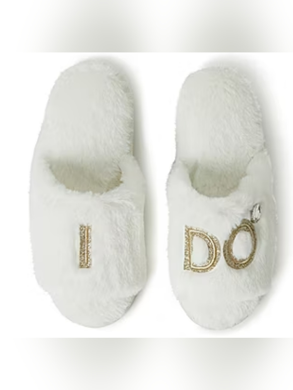 Dearfoams Woman's Bridal "I DO" Memory Foam Faux Fur Slip-On Slippers White Sz L